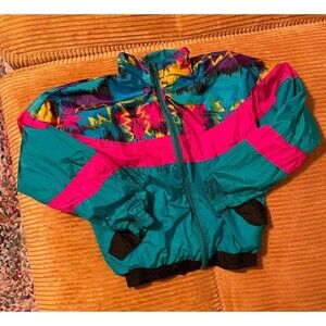Girl’s 1980’s Nylon Track Jacket Colorblock Size Large 14 Black Pink and Teal